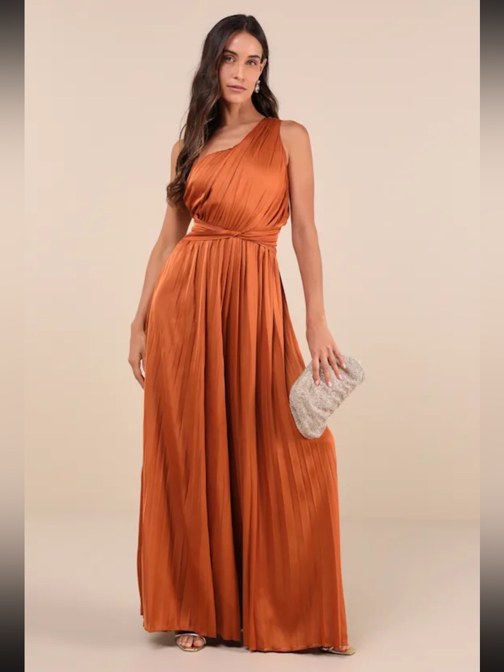 Exquisite Always Rust Orange Pleated Satin One-Shoulder Jumpsuit